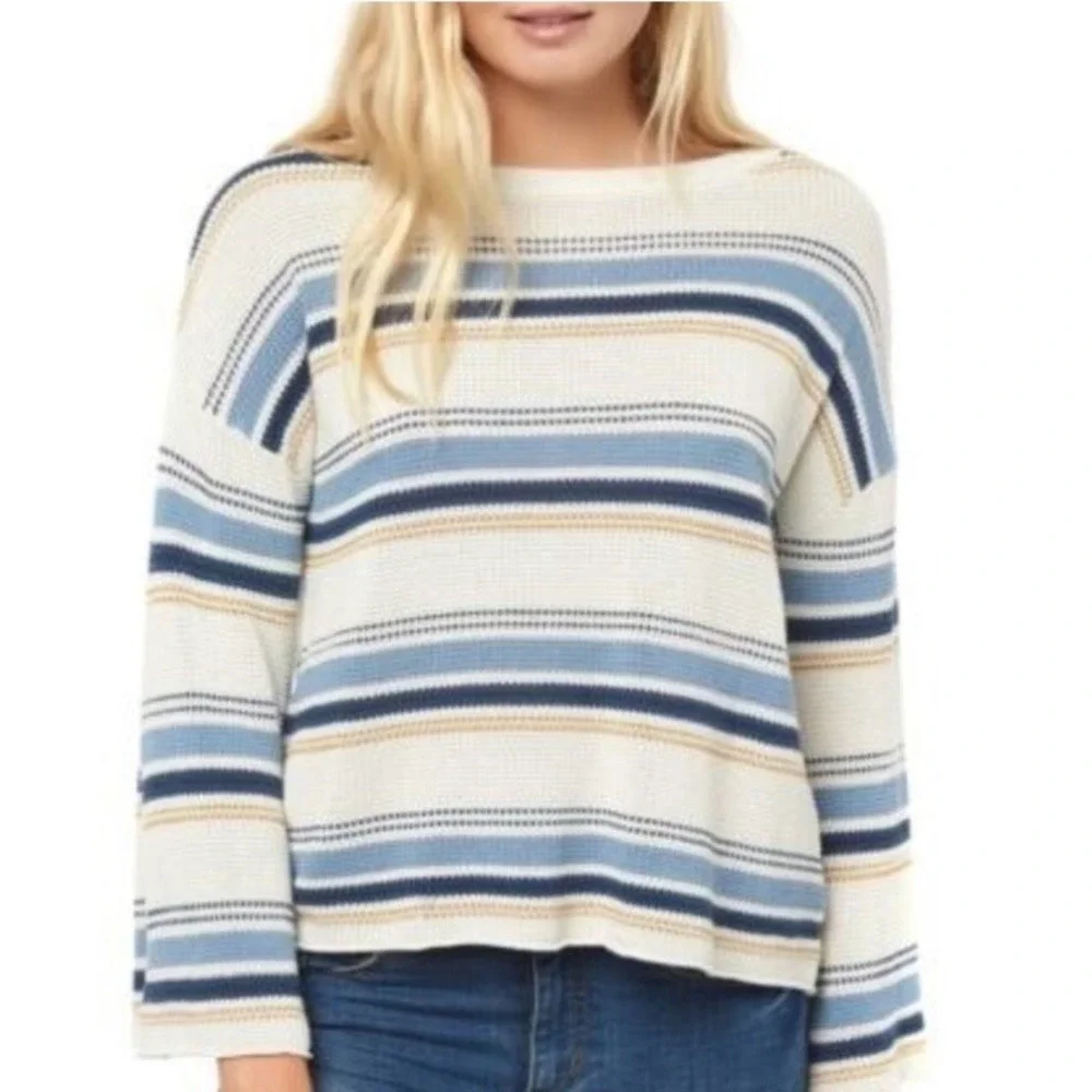 O'Neill Cropped Boxy Flared Sleeve Striped Surf Knit Sweater Woman's Size S Blue
